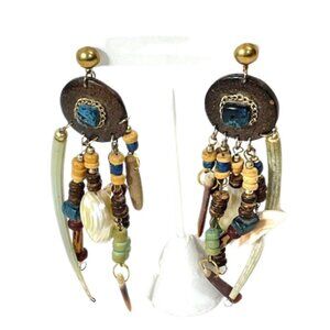 Wooden bead and shell statement earrings.